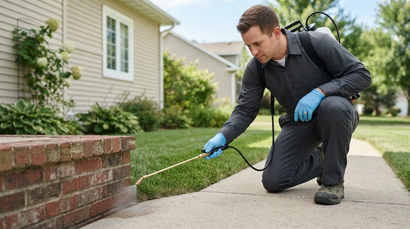 Pest control technician treating a home near Latimer, IA