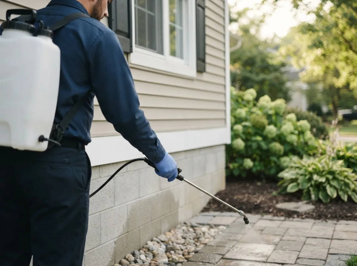 Pest control technician inspecting a home in Latimer, IA